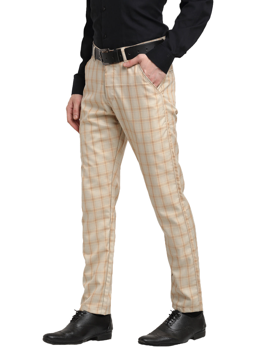 Mens Grey Polyester Checked Formal Trousers