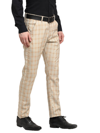 Indian Needle Men's Cream Cotton Checked Formal Trousers