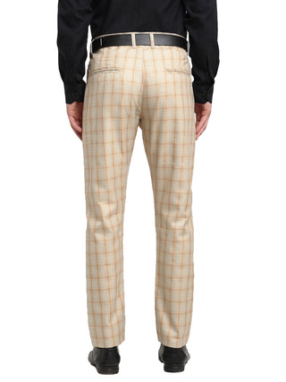Indian Needle Men's Cream Cotton Checked Formal Trousers