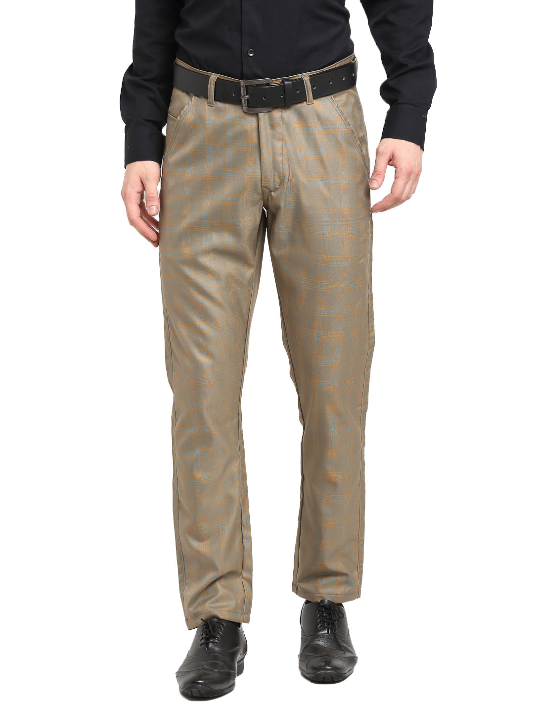 Jainish Men's Brown Cotton Checked Formal Trousers