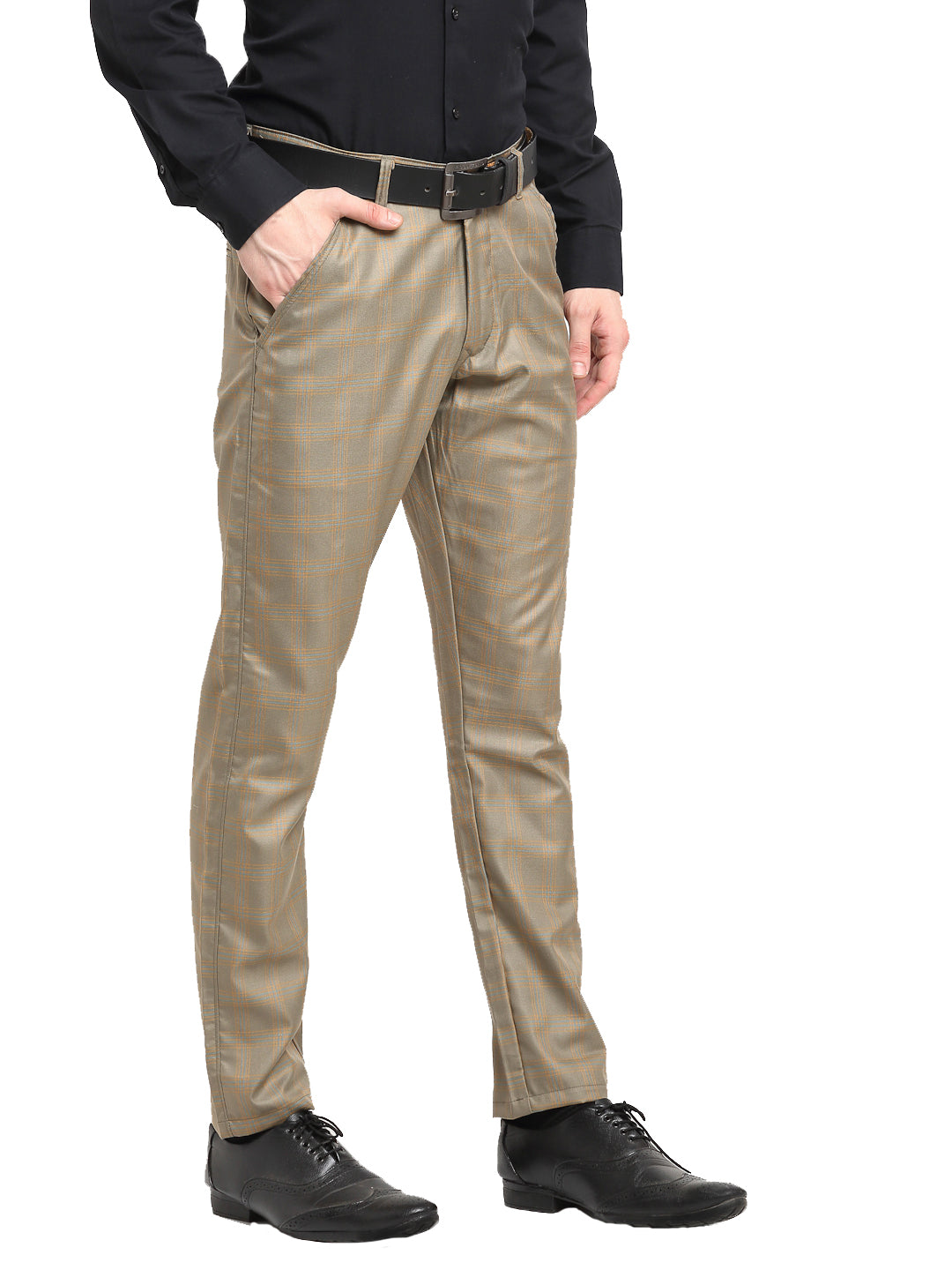 Jainish Men's Brown Cotton Checked Formal Trousers