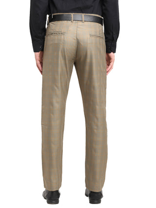 Indian Needle Men's Brown Cotton Checked Formal Trousers