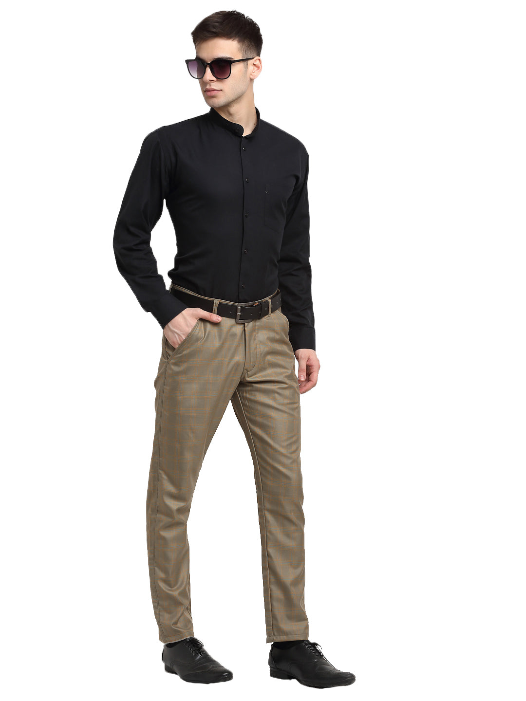 Jainish Men's Brown Cotton Checked Formal Trousers