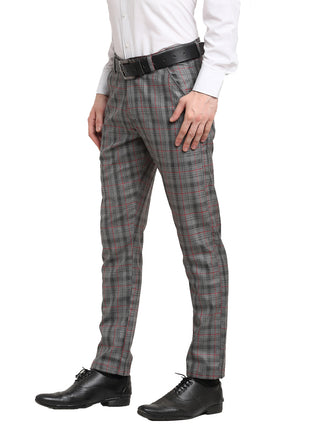 Indian Needle Men's Grey Cotton Checked Formal Trousers