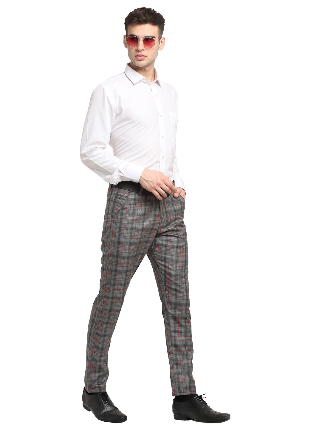 Men's Grey & Brown Prince Of Wales Check Tailored Fit Italian Suit Trousers  - 1913 Collection | Hawes & Curtis