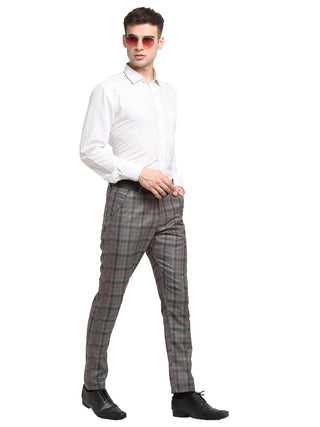 Indian Needle Men's Grey Cotton Checked Formal Trousers