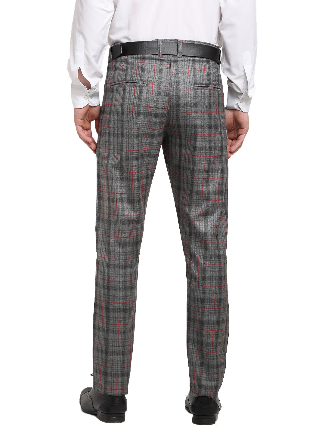 Jainish Men's Grey Cotton Checked Formal Trousers