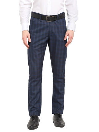Indian Needle Men's Navy Blue Cotton Checked Formal Trousers