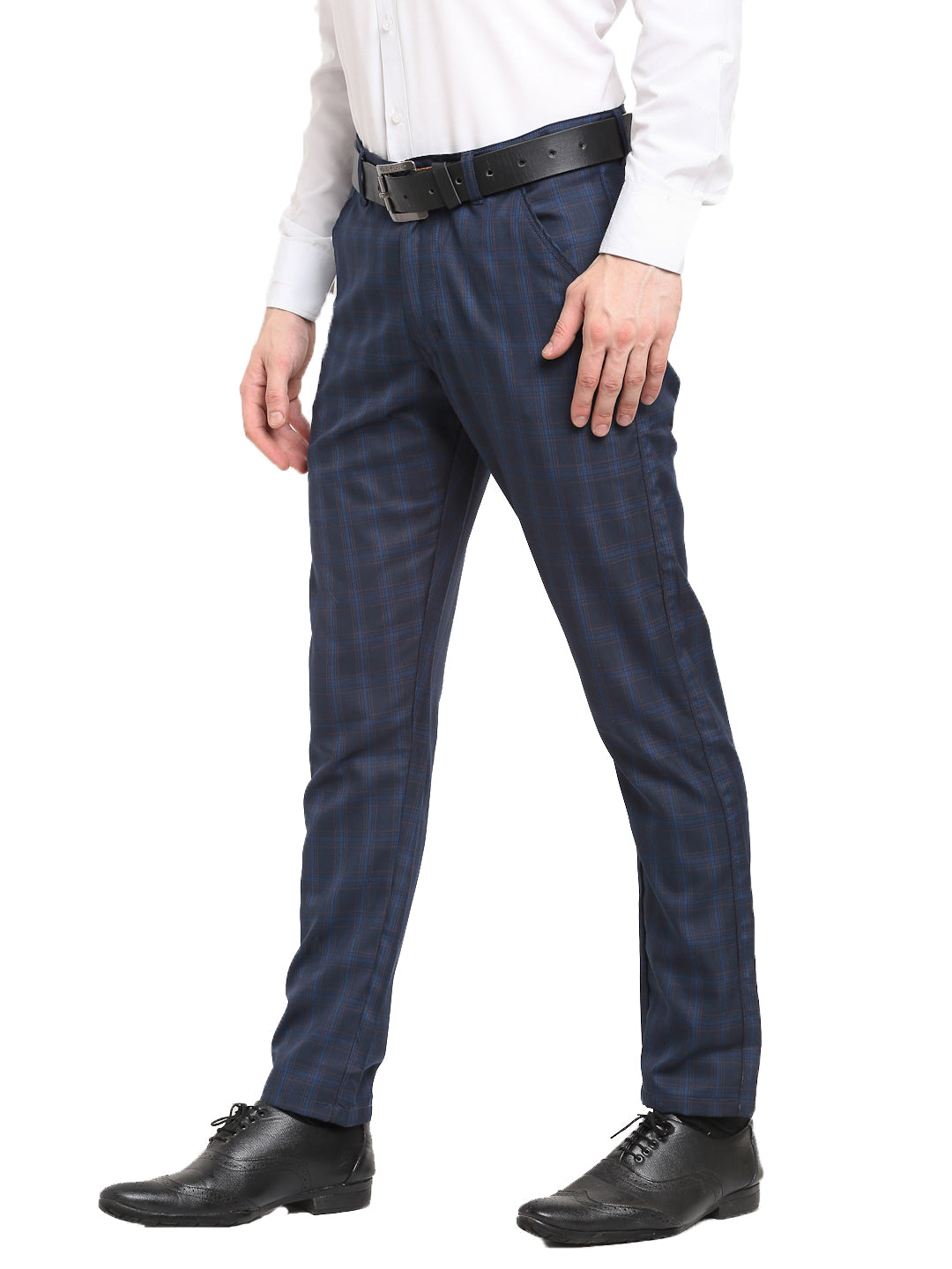Jainish Men's Navy Blue Cotton Checked Formal Trousers