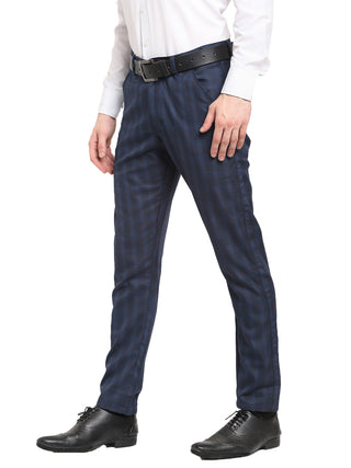 Indian Needle Men's Navy Blue Cotton Checked Formal Trousers