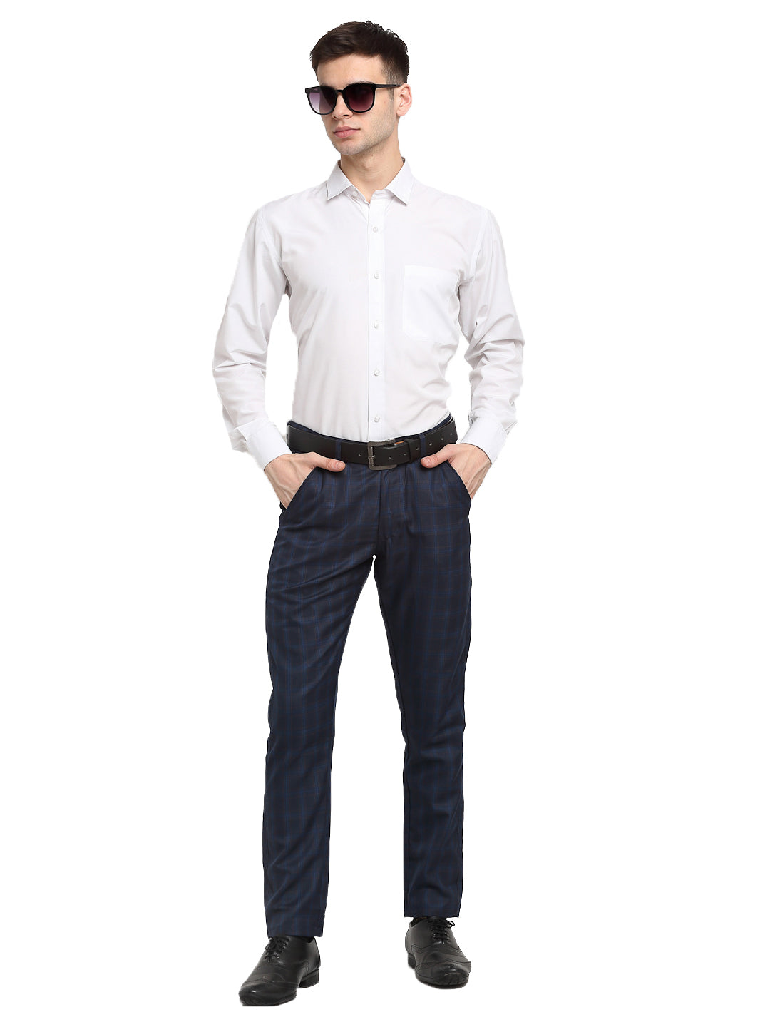 Jainish Men's Navy Blue Cotton Checked Formal Trousers