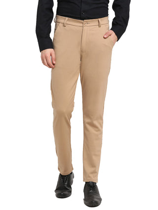 Indian Needle Men's Beige 4-Way Lycra Tapered Fit Trousers