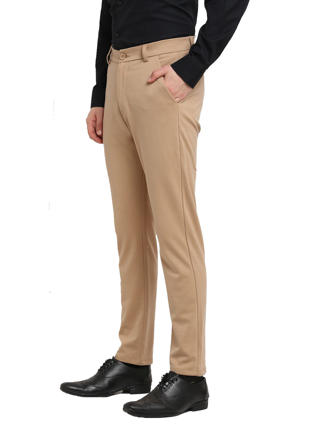 Jainish Men's Beige 4-Way Lycra Tapered Fit Trousers