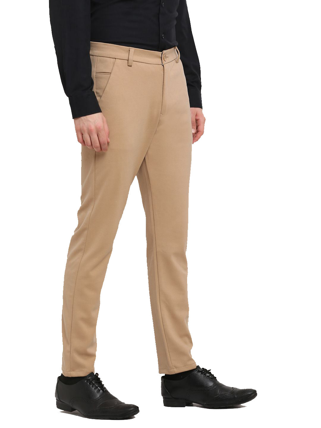 Jainish Men's Beige 4-Way Lycra Tapered Fit Trousers