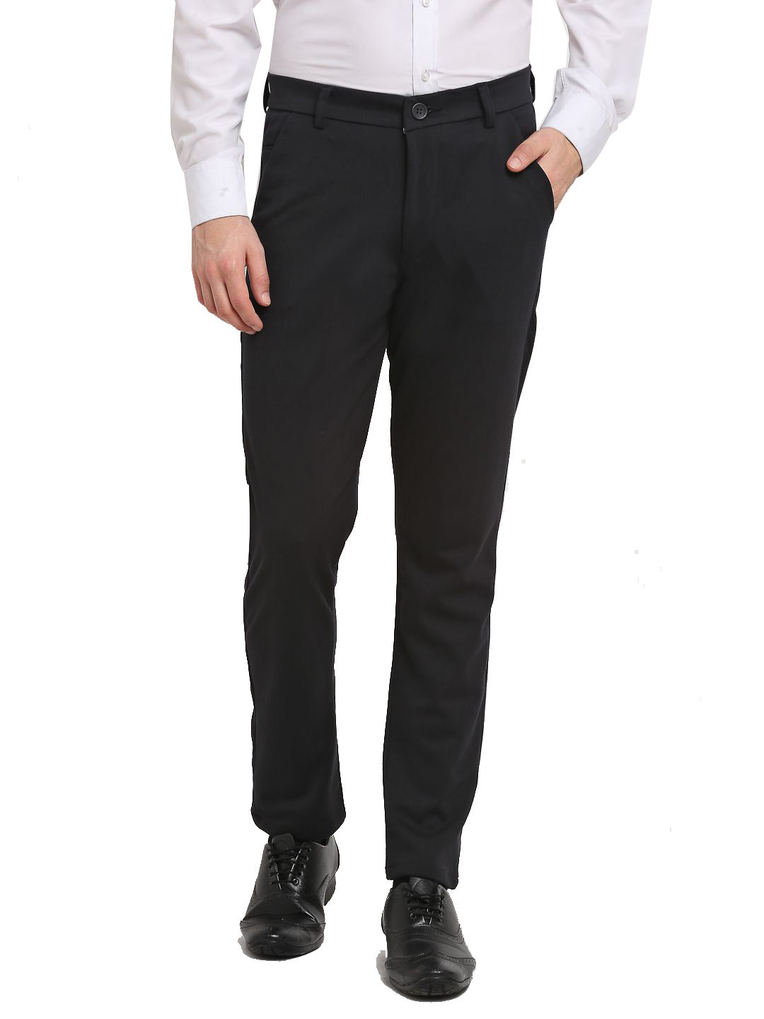Jainish Men's Black 4-Way Lycra Tapered Fit Trousers