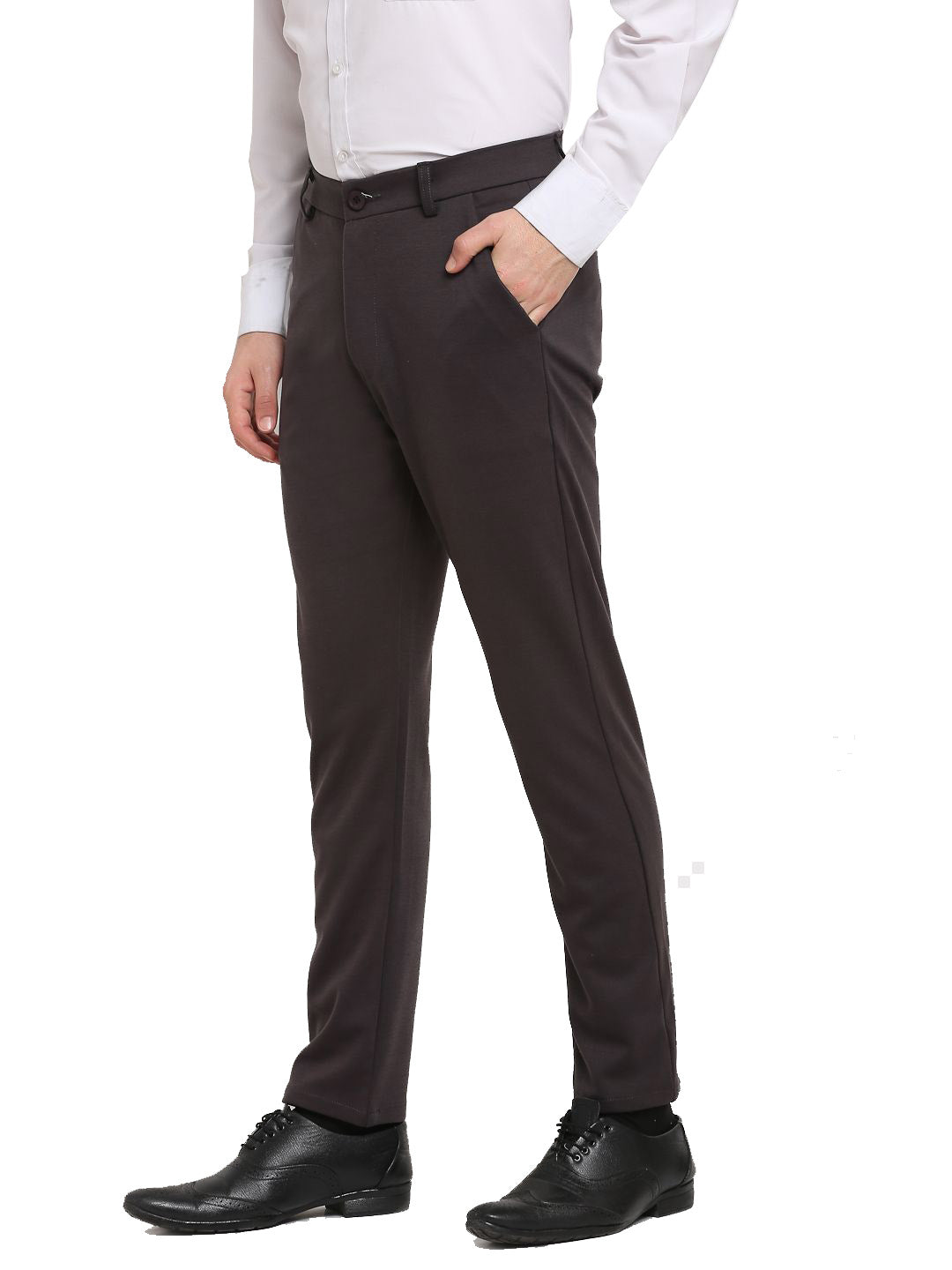 Jainish Men's Brown 4-Way Lycra Tapered Fit Trousers