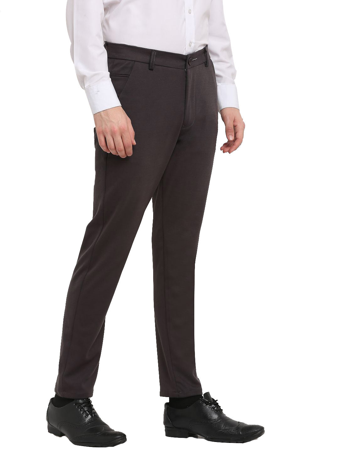 Jainish Men's Brown 4-Way Lycra Tapered Fit Trousers