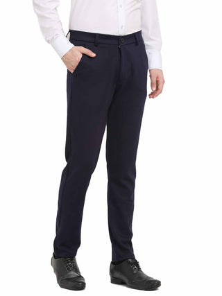 Indian Needle Men's Navy Blue 4-Way Lycra Tapered Fit Trousers