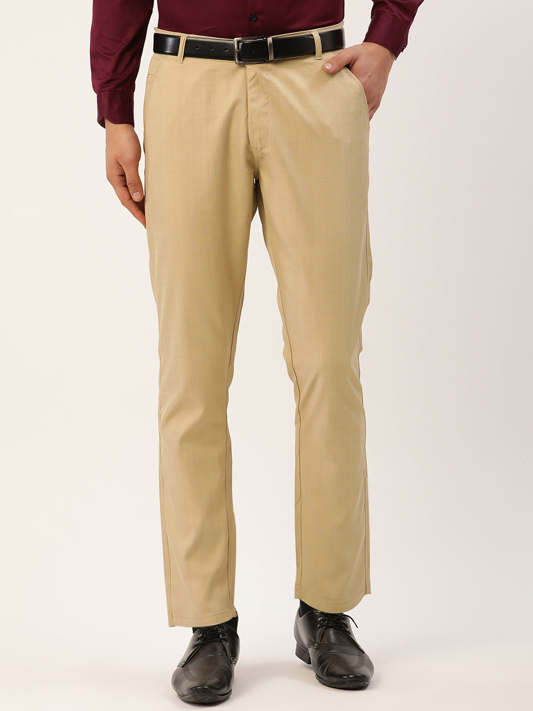 Jainish Men's Beige Checked Formal Trousers