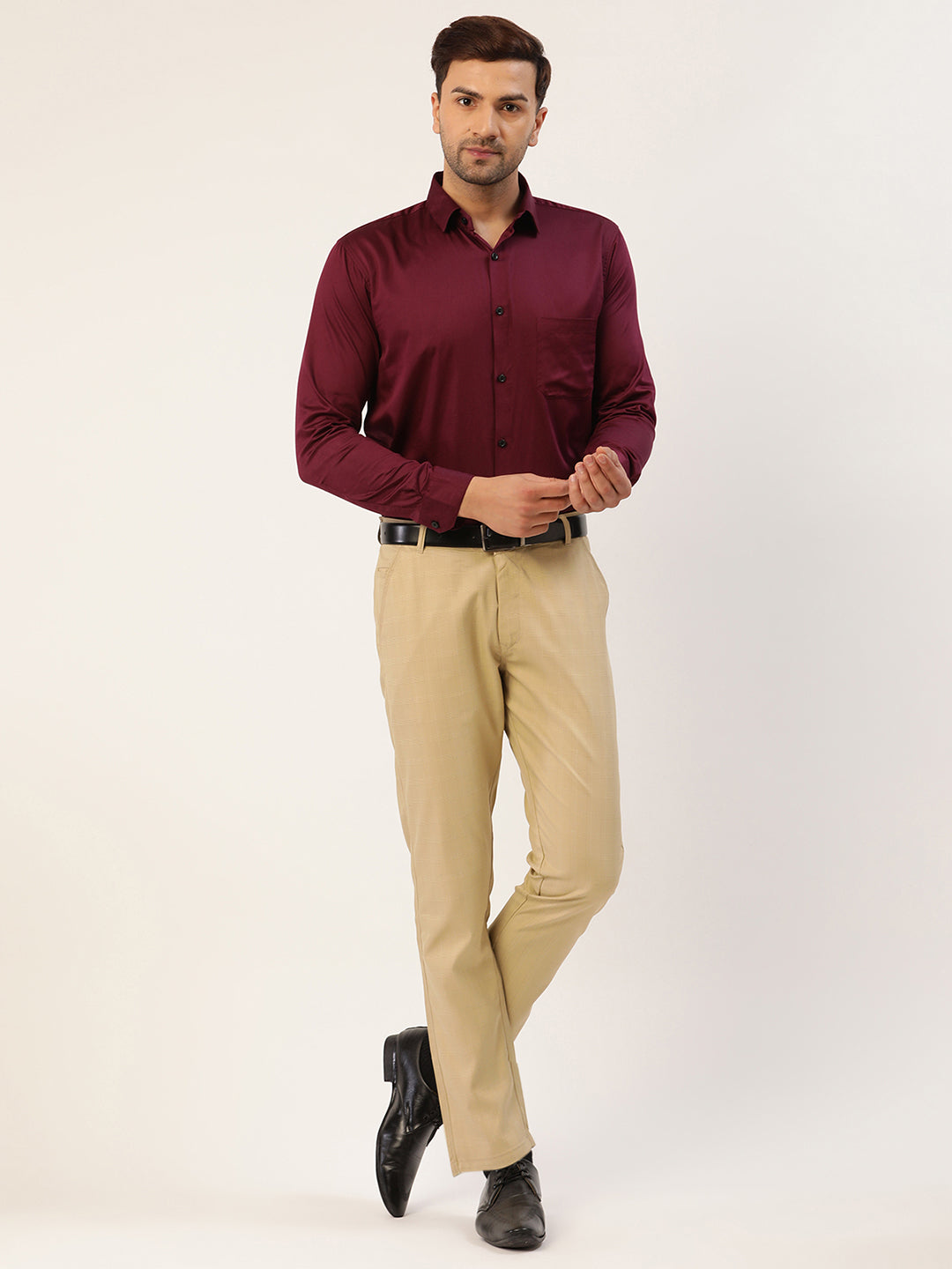 Jainish Men's Beige Checked Formal Trousers