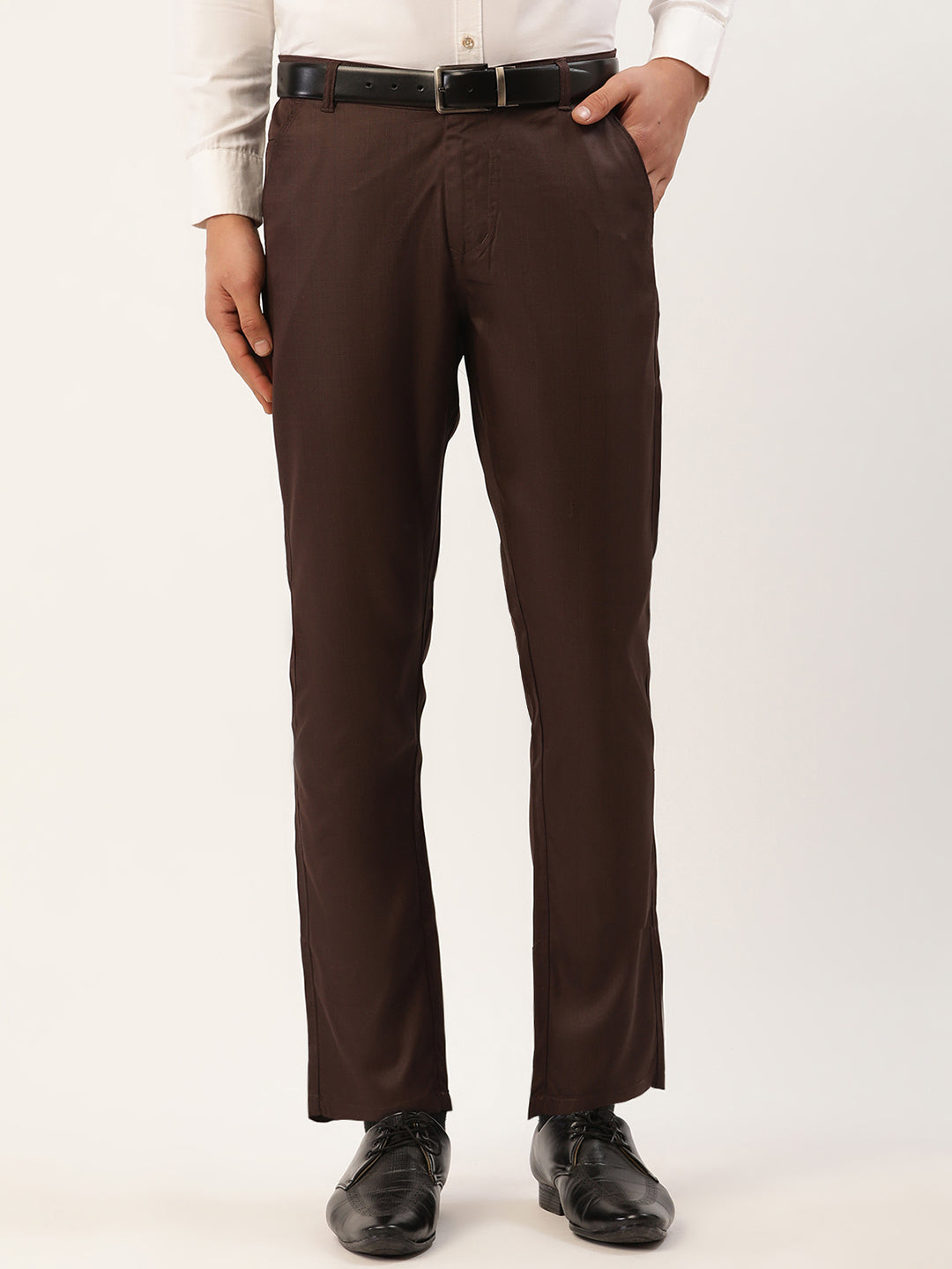 Jainish Men's Coffee Checked Formal Trousers