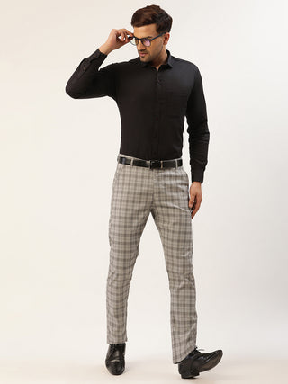 Indian Needle Men's Grey Tartan Checked Formal Trousers