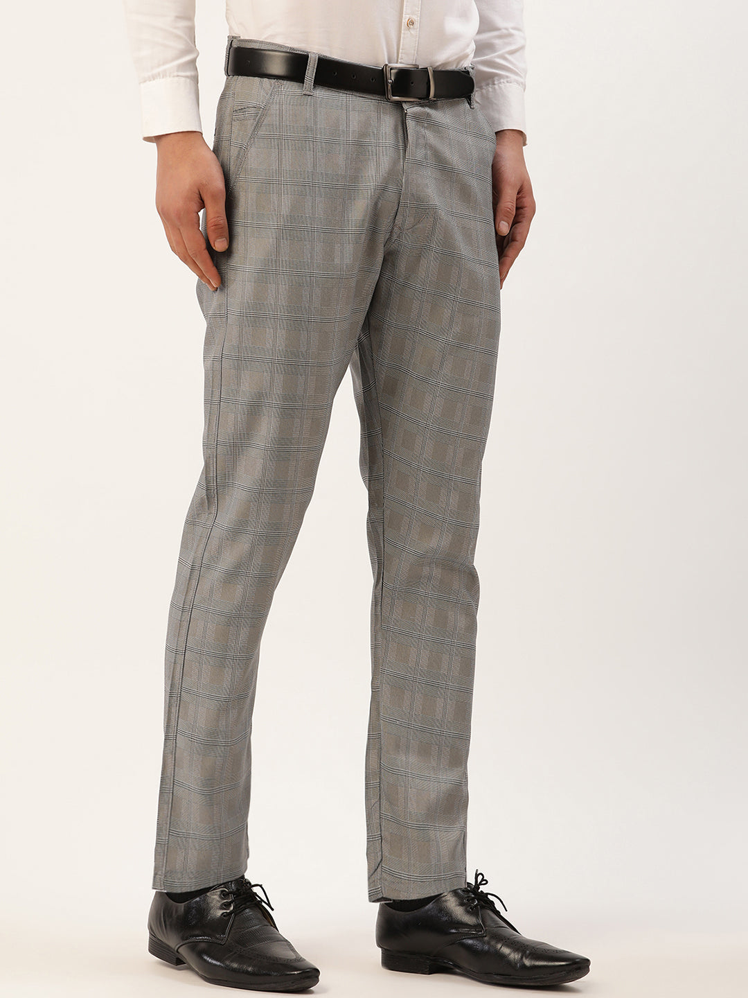 Jainish Men's Grey Window Checked Formal Trousers