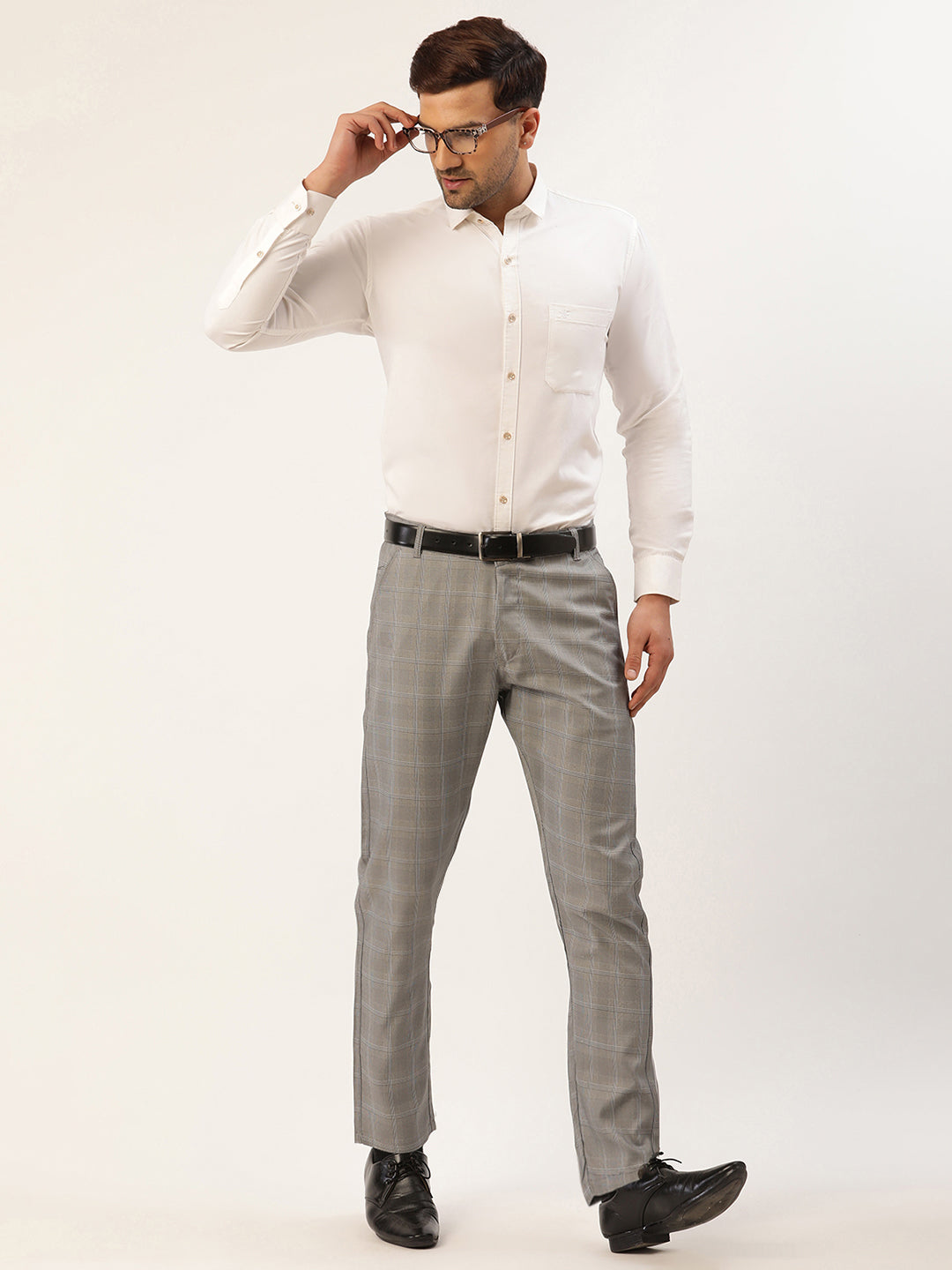 Jainish Men's Grey Window Checked Formal Trousers