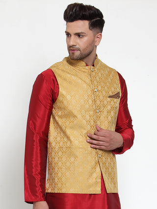 Jompers Men's Gold Woven Jacquard Nehru Jacket