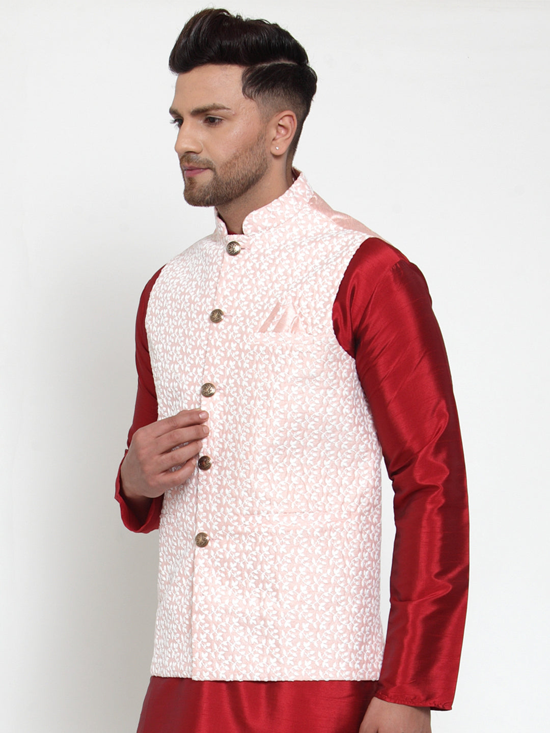 Jompers Men's Pink Embroidered Nehru Jacket