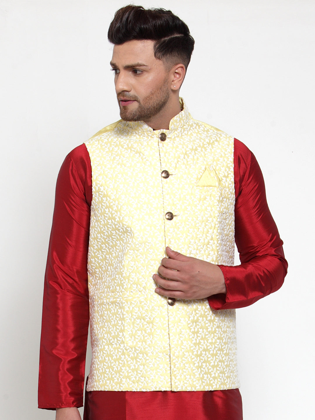 Jompers Men's Yellow Embroidered Nehru Jacket