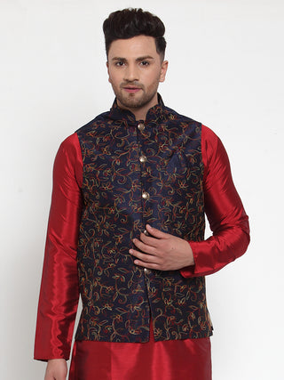 Jompers Men's Navy Embroidered Nehru Jacket