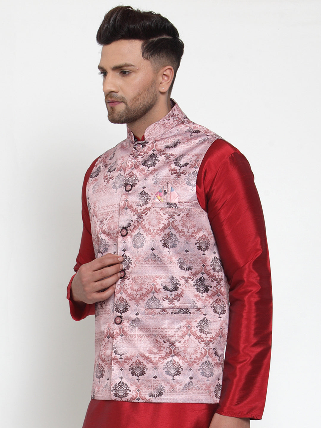 Jompers Men's Pink Printed Nehru Jacket