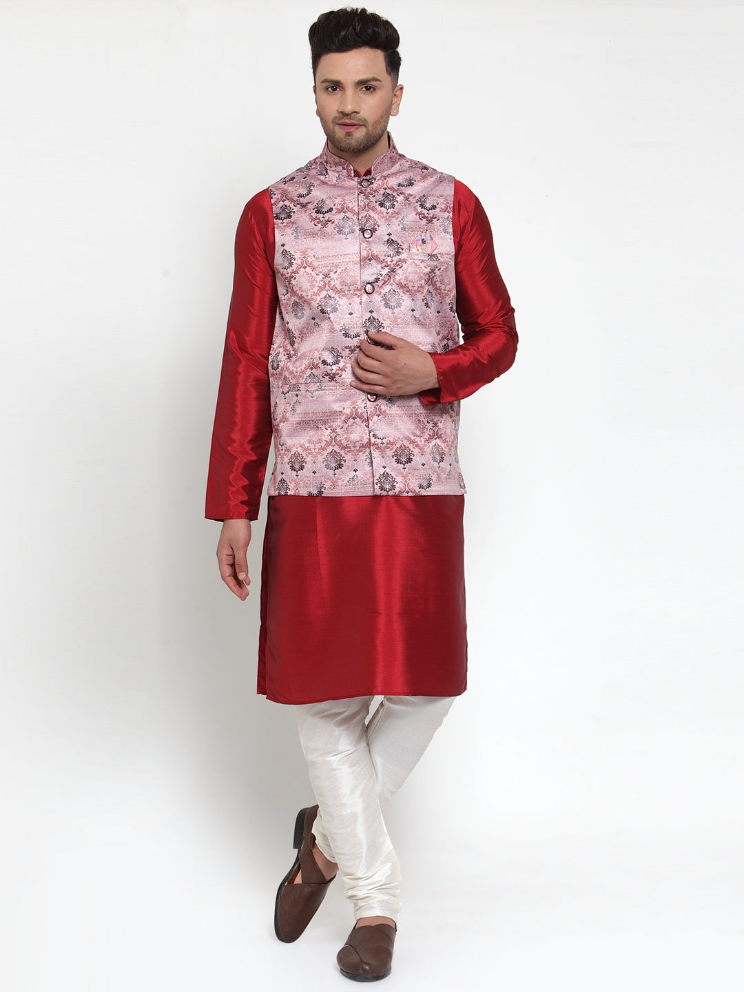 Jompers Men's Pink Printed Nehru Jacket