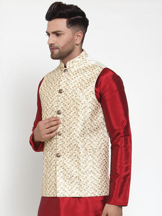 Jompers Men's Cream Embroidered Nehru Jacket
