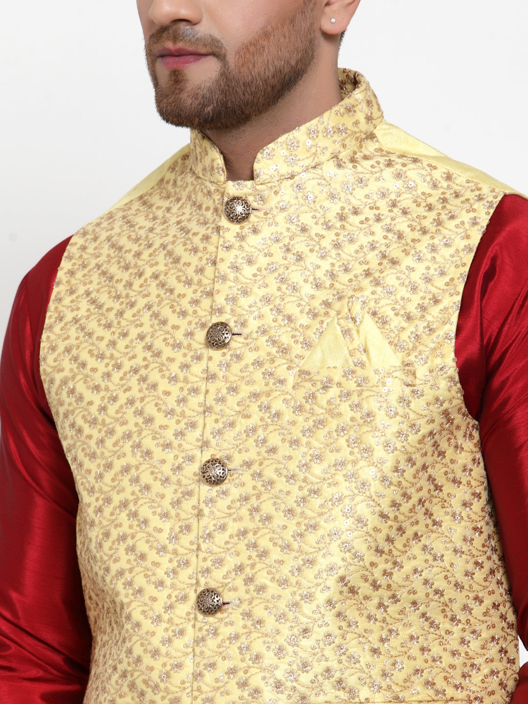 Jompers Men's Yellow Embroidered Nehru Jacket