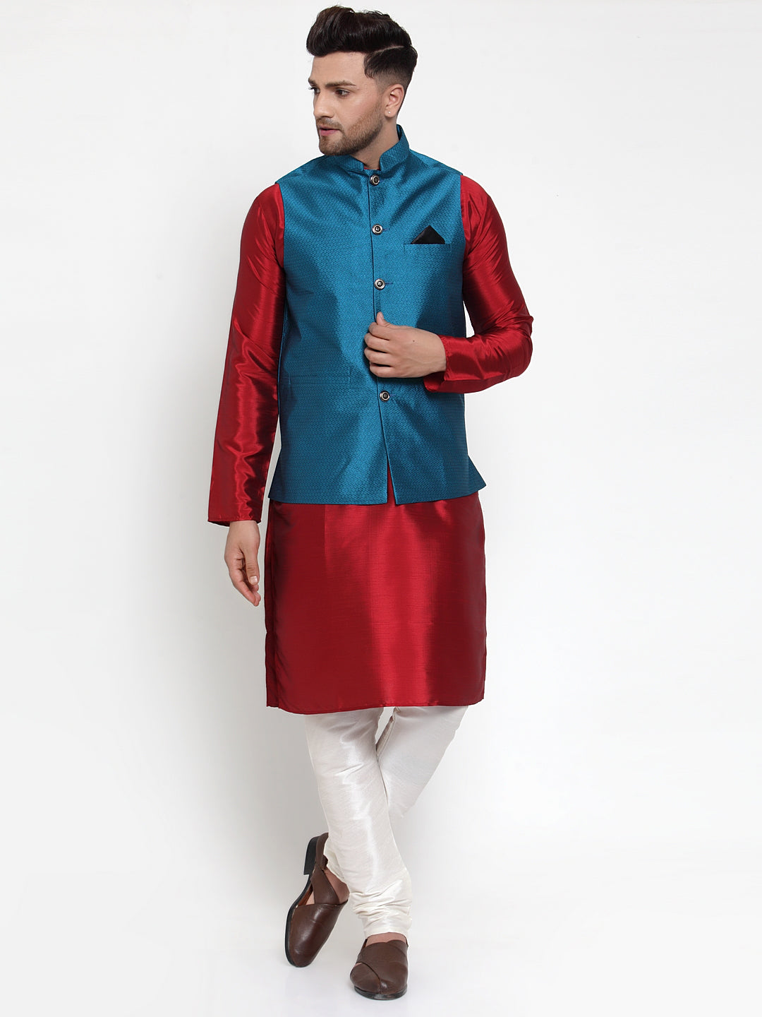 Jompers Men's Blue Woven Jacquard Nehru Jacket