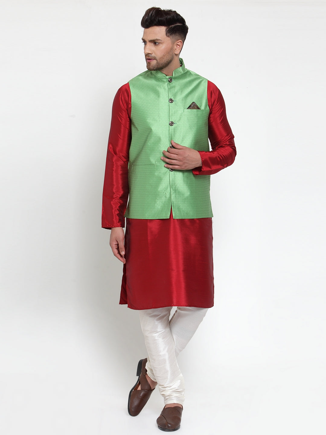 Jompers Men's Green Woven Jacquard Nehru Jacket