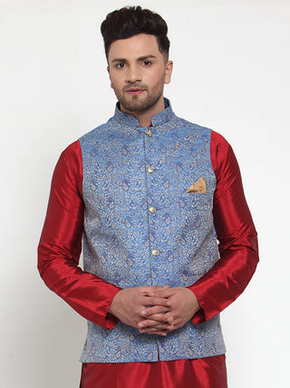 Jompers Men's Blue Woven Jacquard Nehru Jacket