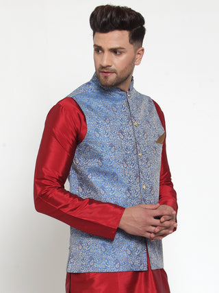 Jompers Men's Blue Woven Jacquard Nehru Jacket