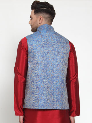 Jompers Men's Blue Woven Jacquard Nehru Jacket