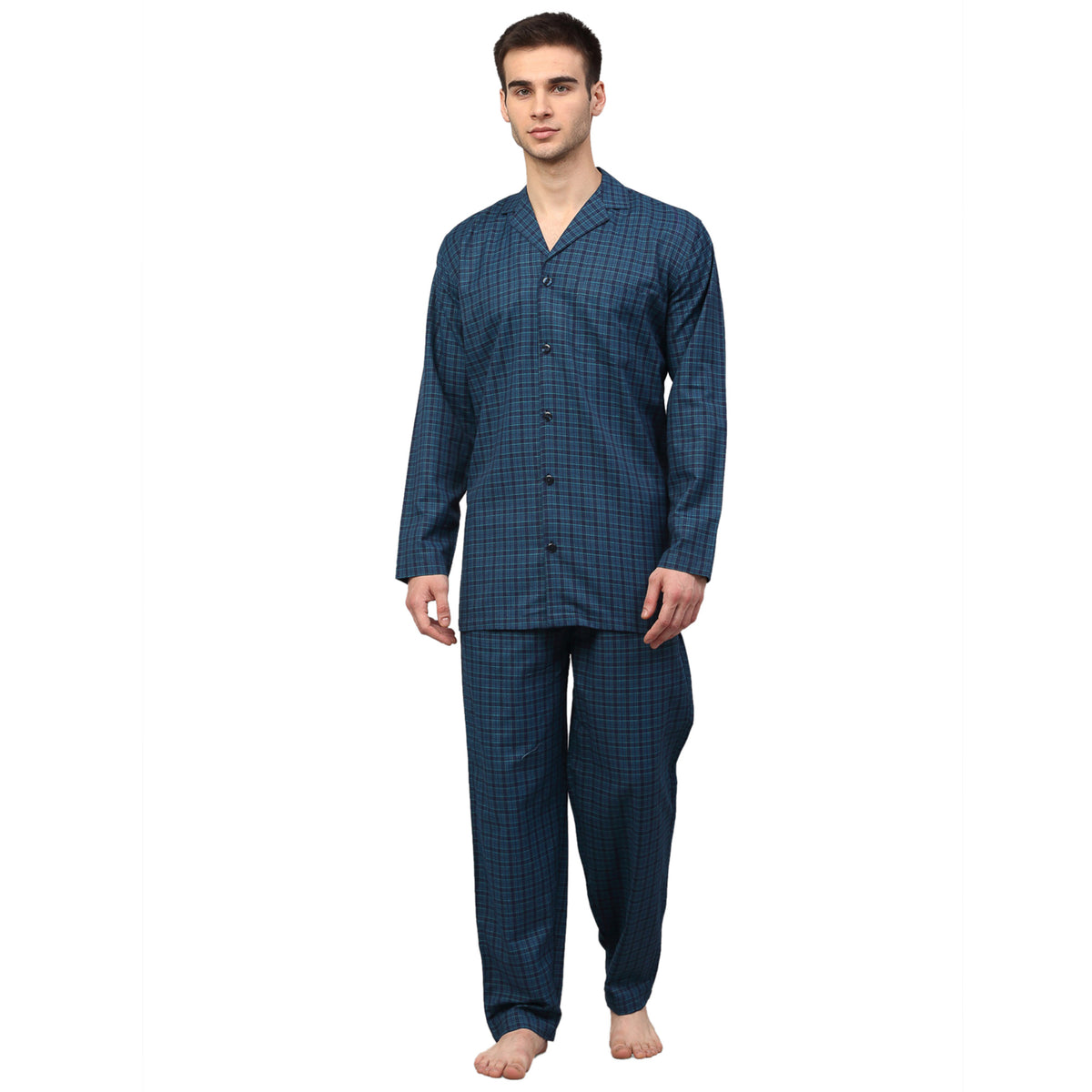 Jainish Men's Blue Checked Night Suits