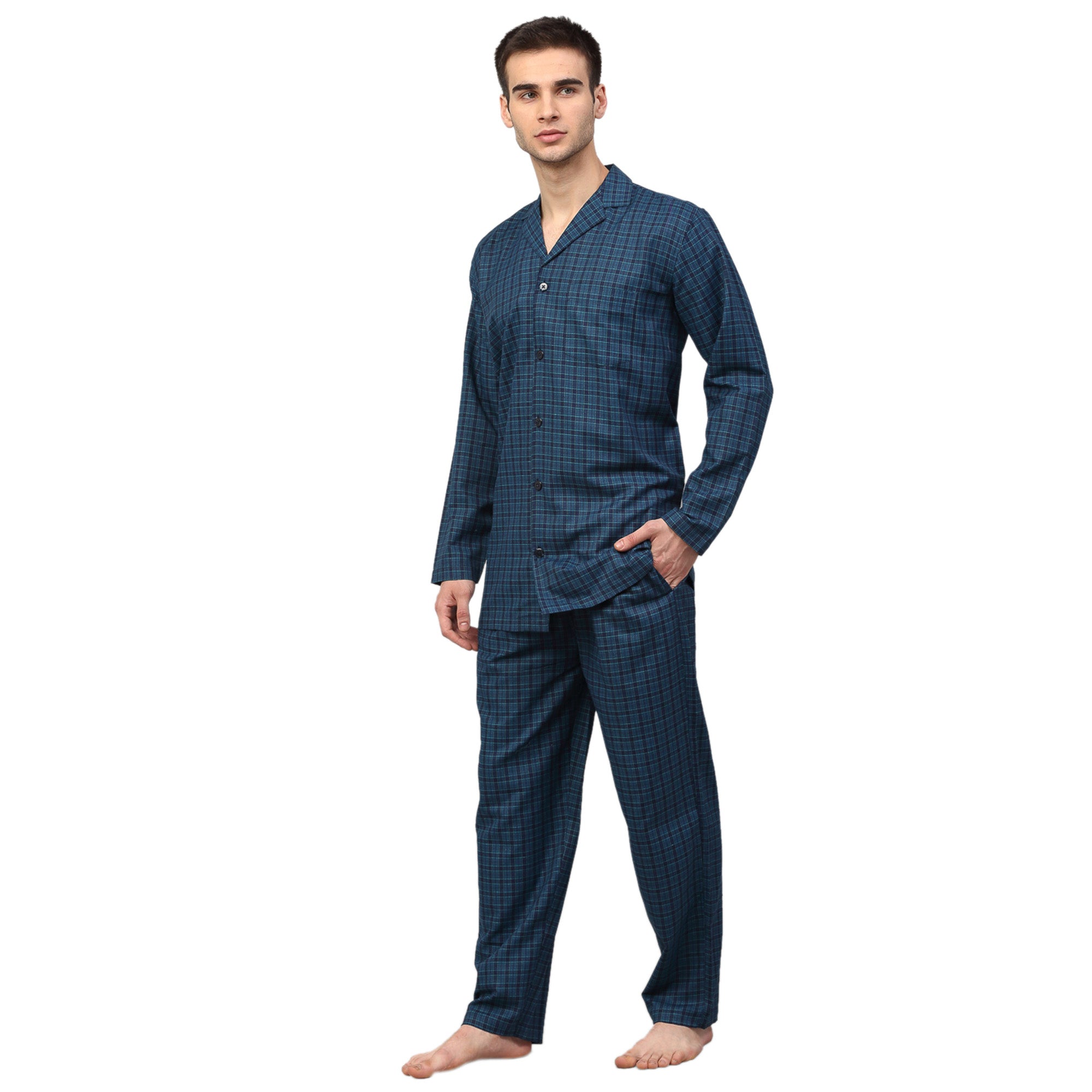 Jainish Men's Blue Checked Night Suits