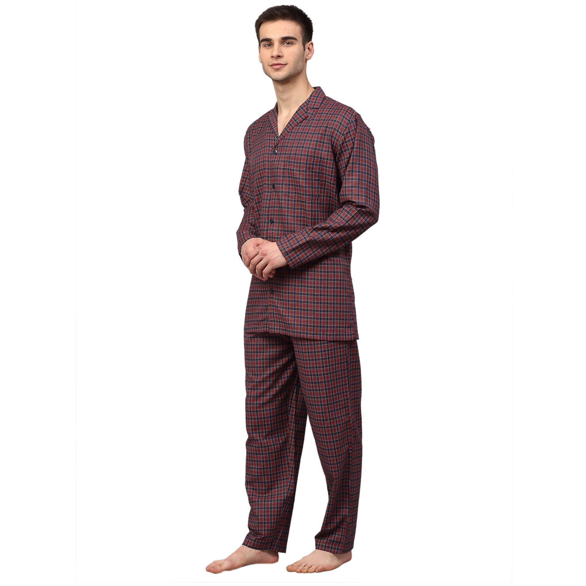 Jainish Men's Maroon Checked Night Suits