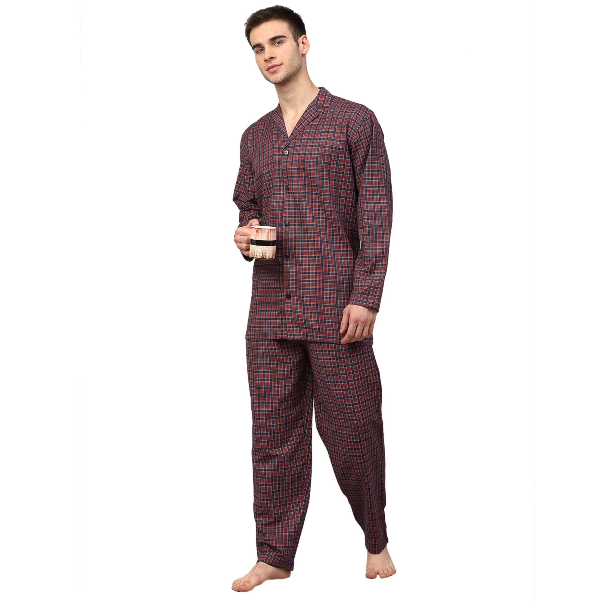 Jainish Men's Maroon Checked Night Suits