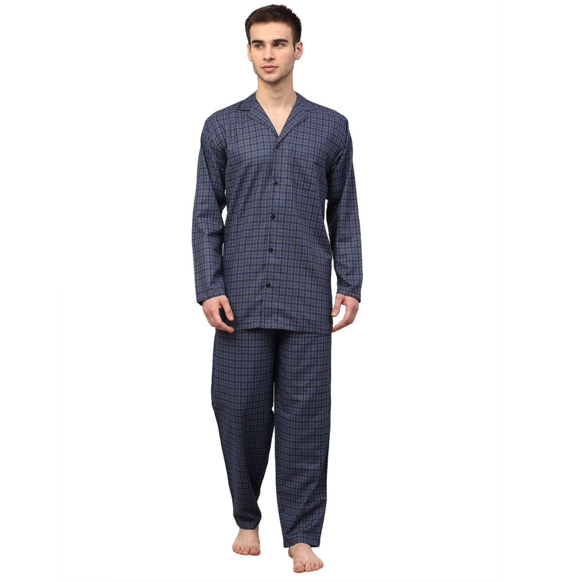 Jainish Men's Navy Blue Checked Night Suits
