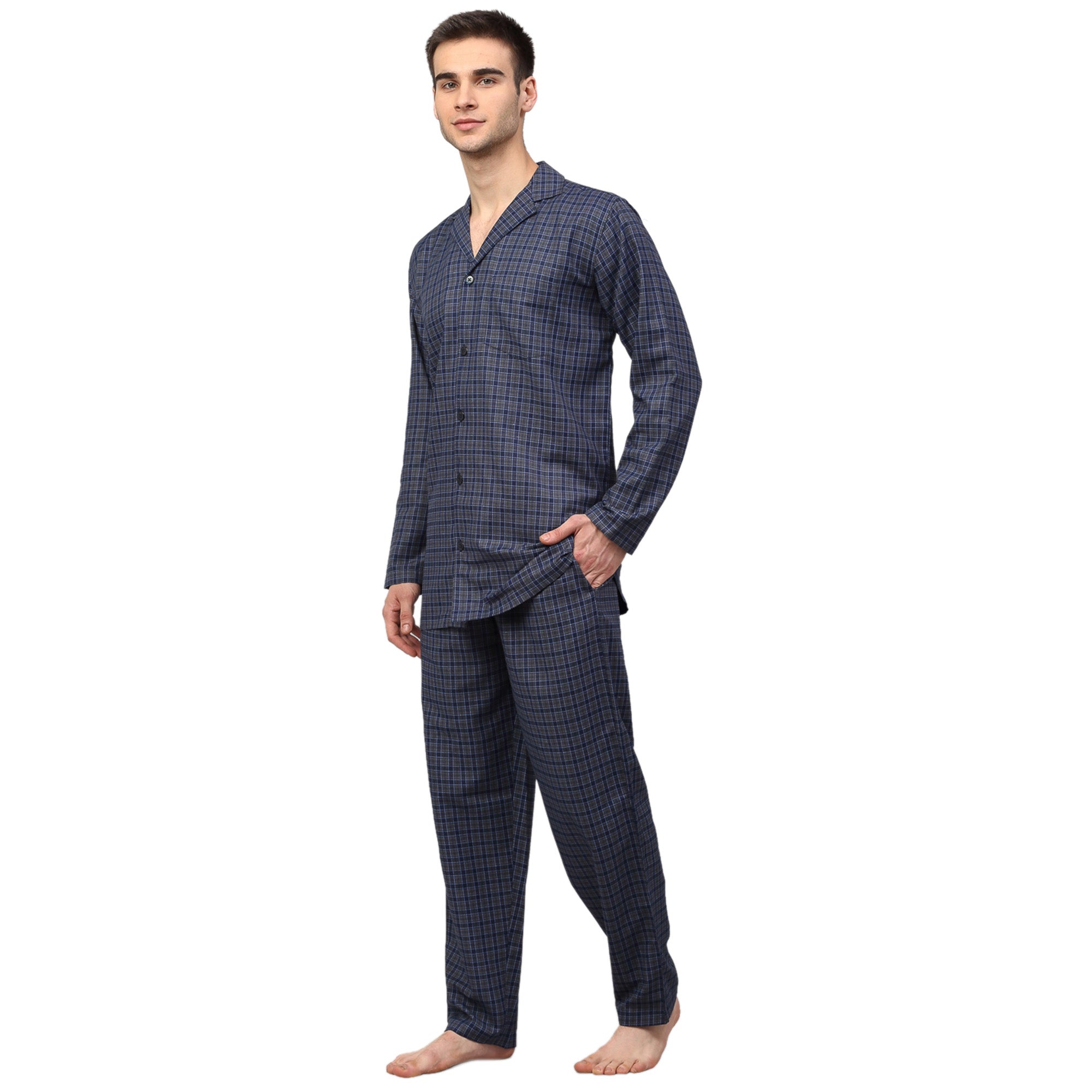 Jainish Men's Navy Blue Checked Night Suits