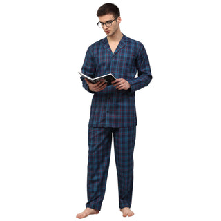 Indian Needle Men's Navy Blue Checked Night Suits