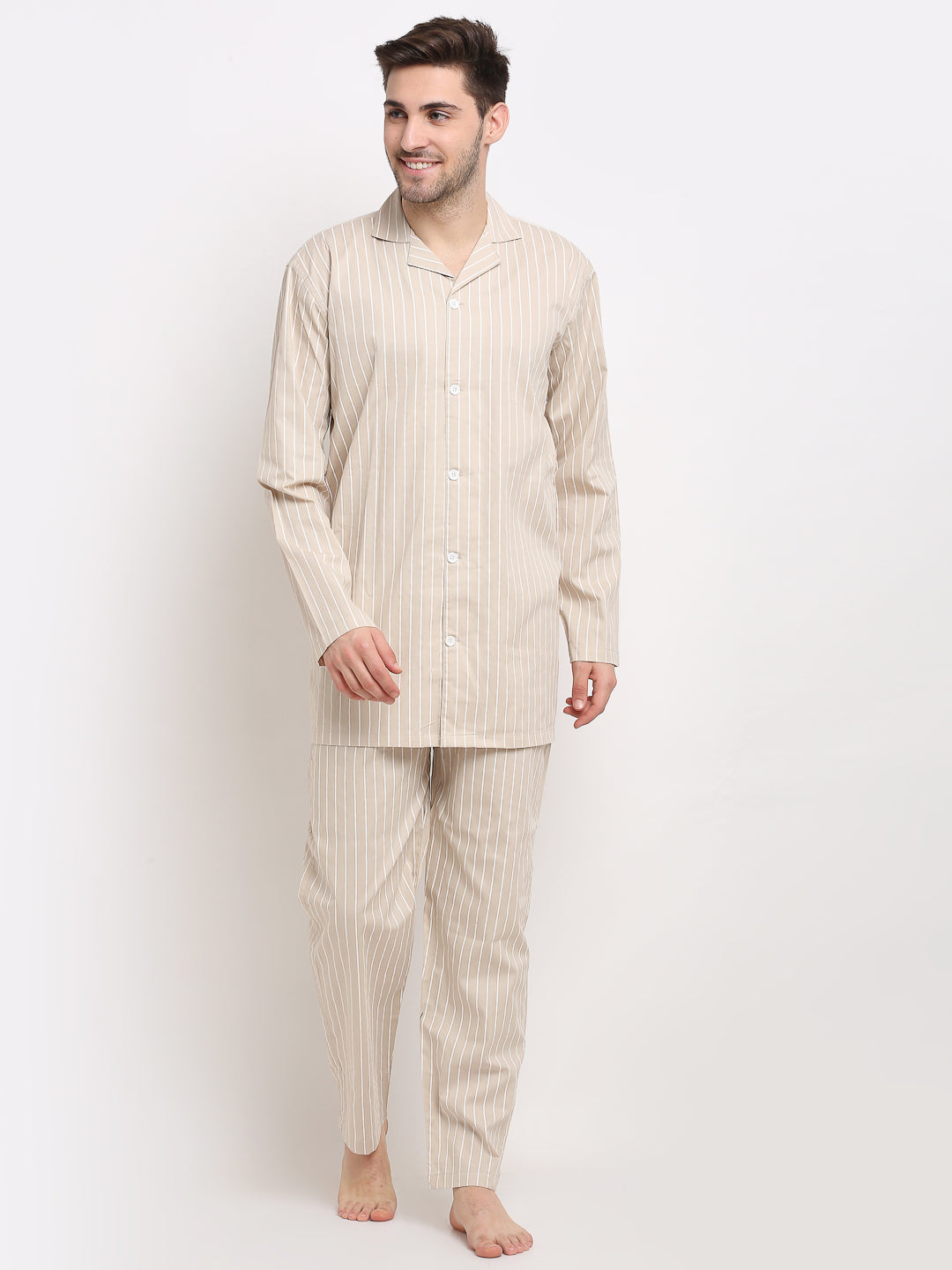 Jainish Men's Cream Cotton Striped Night Suits