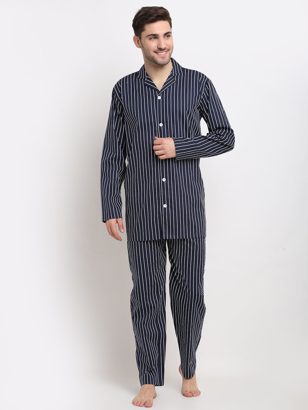Jainish Men's Navy Cotton Striped Night Suits